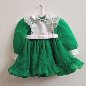 Vtg Dress Girls Sz 3-4T Green Sheer Christmas Bell Pinafore